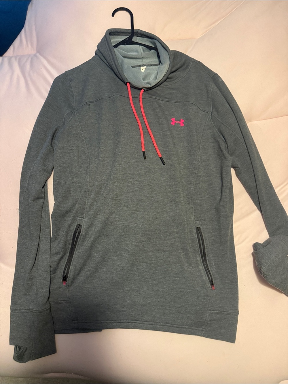 Under Armour women’s Gray Pullover Hoodie with Pink Logo and Drawcords